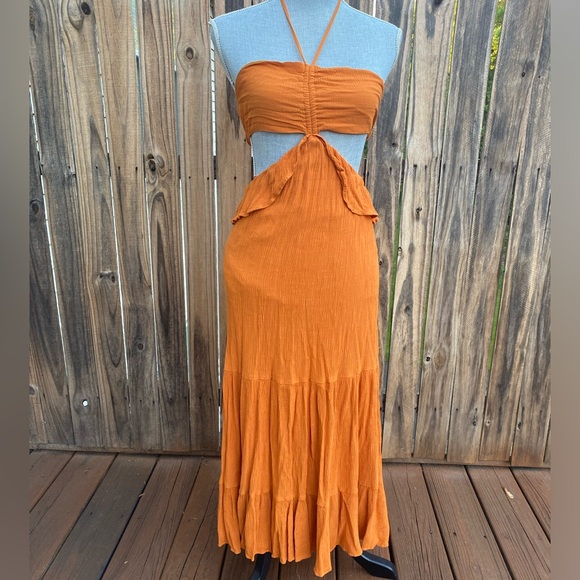 12th Tribe orange ruffle cut out halter midi dress size medium - Picture 1 of 5